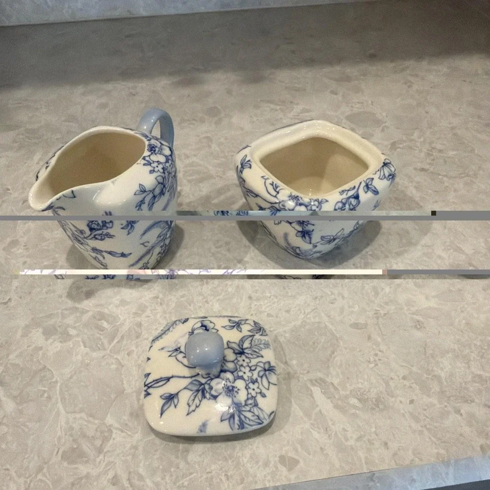 Vintage Shabby Chic Blue And White Cottagecore Floral Creamer And Sugar Bowl Set